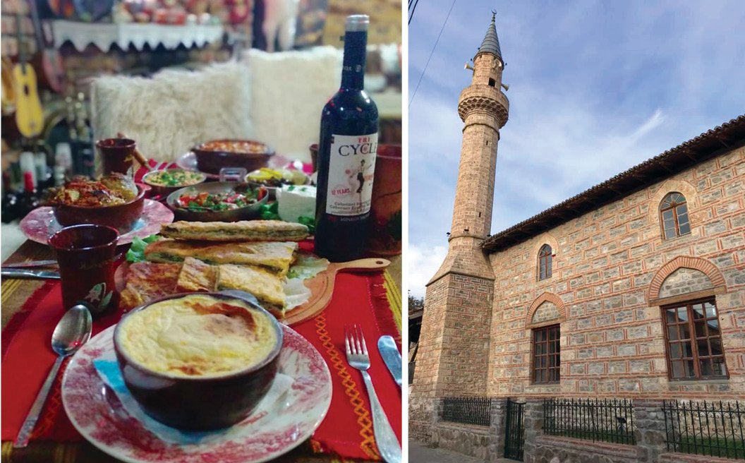 Xhamia në brendësi të Kalasë dhe një tavolinë e shtruar në Taverna Kala